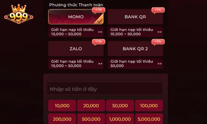 Nạp tiền vào tài khoản để tiến hành chơi game